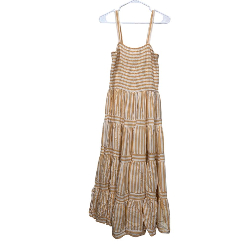Caslon Women Smocked Chest Tiered Maxi Dress Stripe White Beige Size L